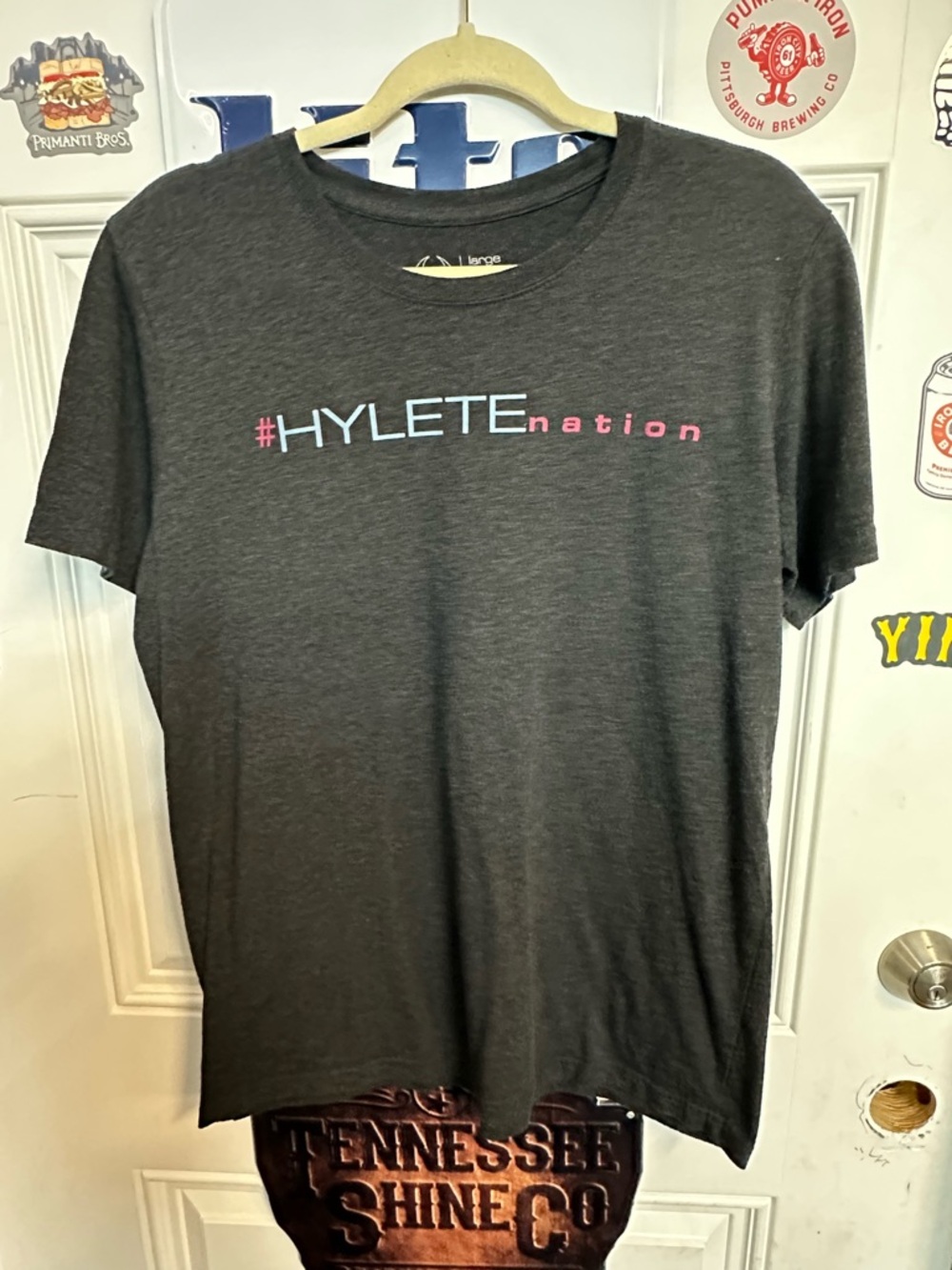 Hylete Charcoal Short-Sleeve Tee with Pink & Light Blue '#HYLETE nation' Graphic